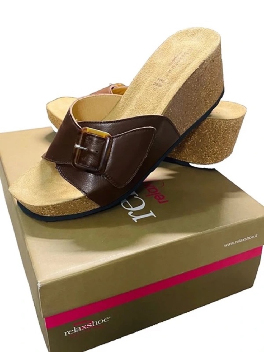 NWB Relaxshoe Babe Brown Leather Sandal Wedge Slide Size 41/US 10.5